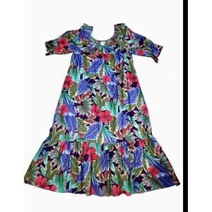 Hilo Hattie Hawaiian Muumuu Dress 2XL Cotton Tropical Floral Ruffle Vintage